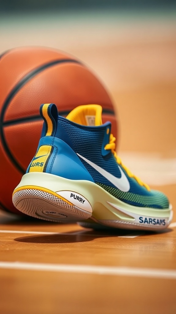 Curry 9 basketball shoe displayed on a court with a basketball.